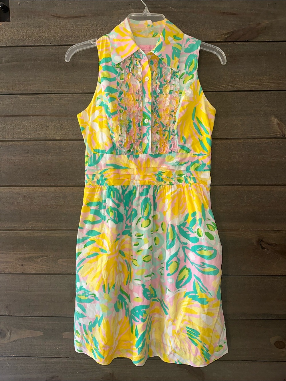 LILLY PULITZER Sleeveless Tropical Ruffle Front Sundress - Yellow, Pink, Mint
